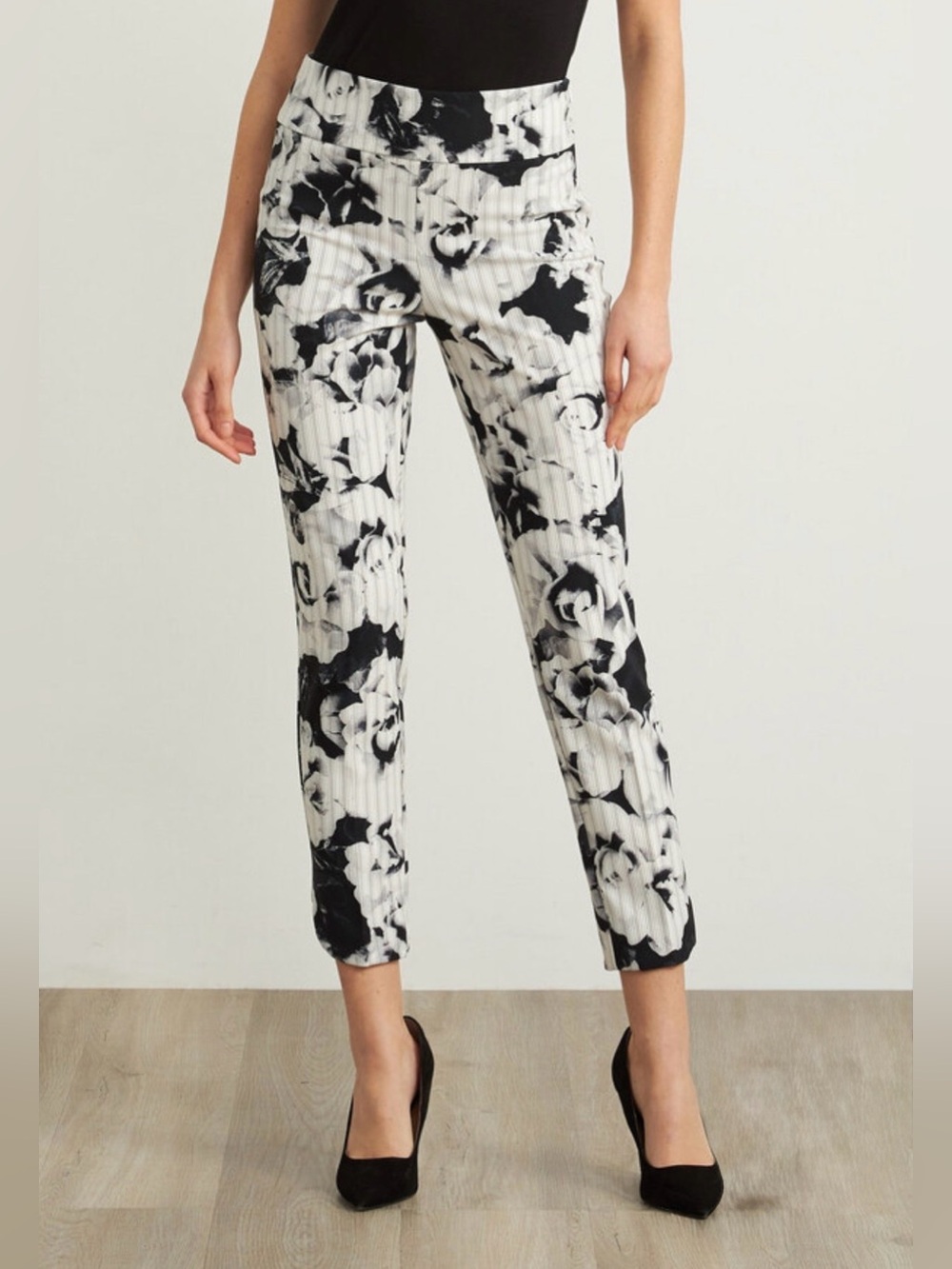 Joseph Ribkoff Black White Floral High Rise Straight Leg Pants Size 18